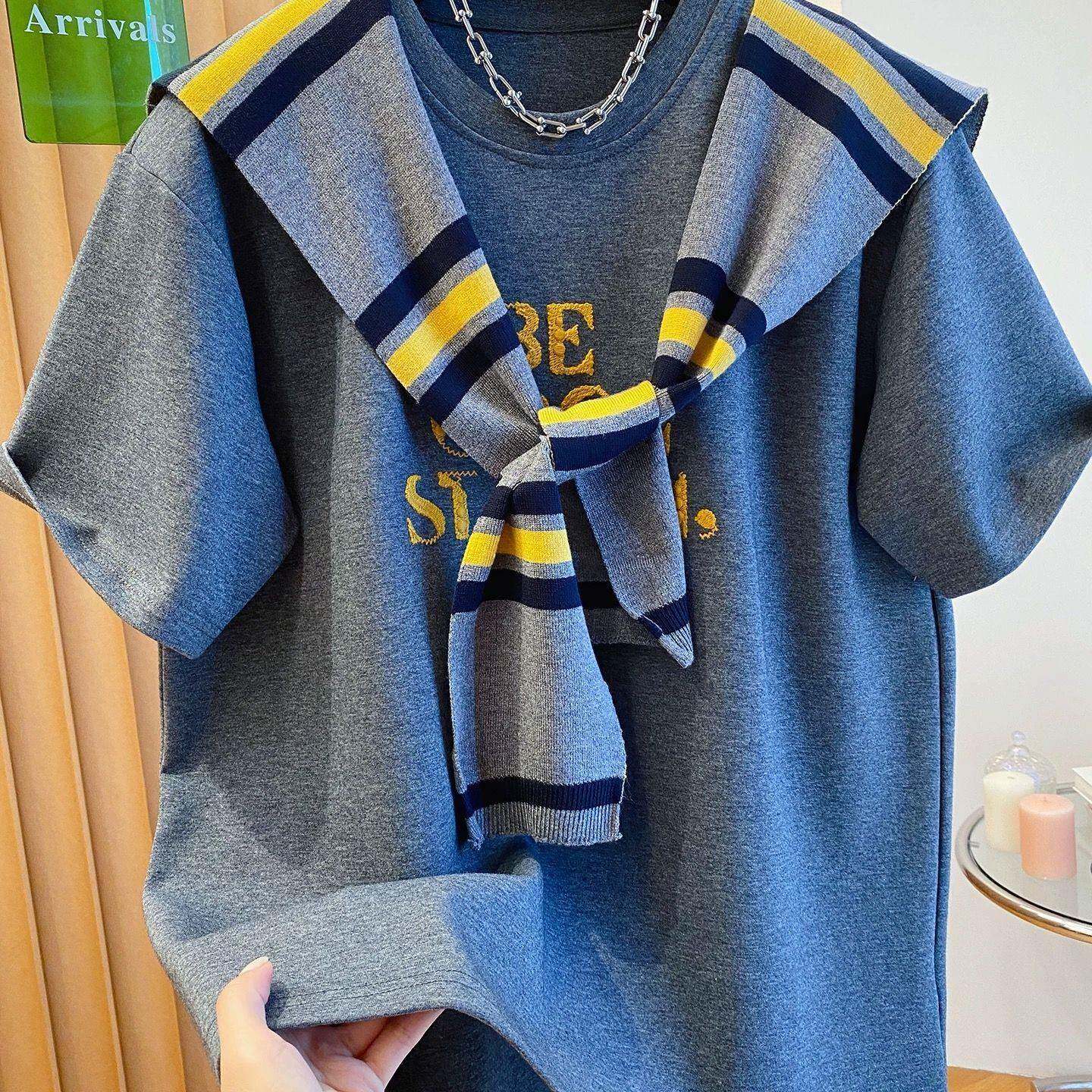 新品胖MM大码200斤两件套披肩德绒加厚短袖T恤女春秋季冬季宽松打
