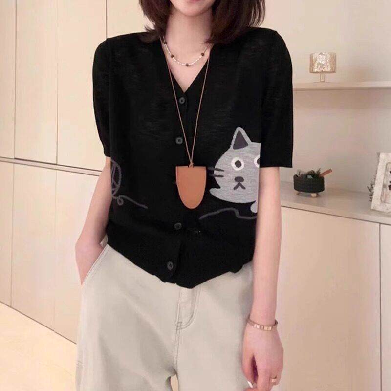 新品胖MM大码女装韩系宽松短袖上衣2026新款欧货印花V领冰丝针织
