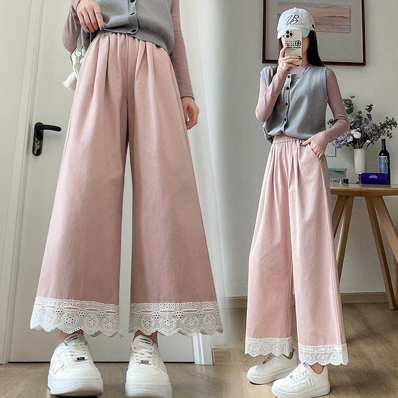 新品蕾丝花边阔腿裤女秋季高腰显瘦小个子松紧腰宽松直筒九分休闲