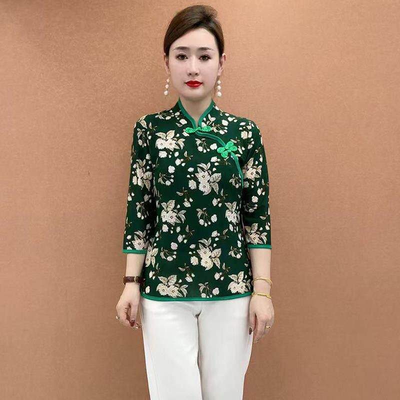 新品中老年妈妈装国风上衣女复古碎花中袖小衫J时尚显瘦女装盘扣
