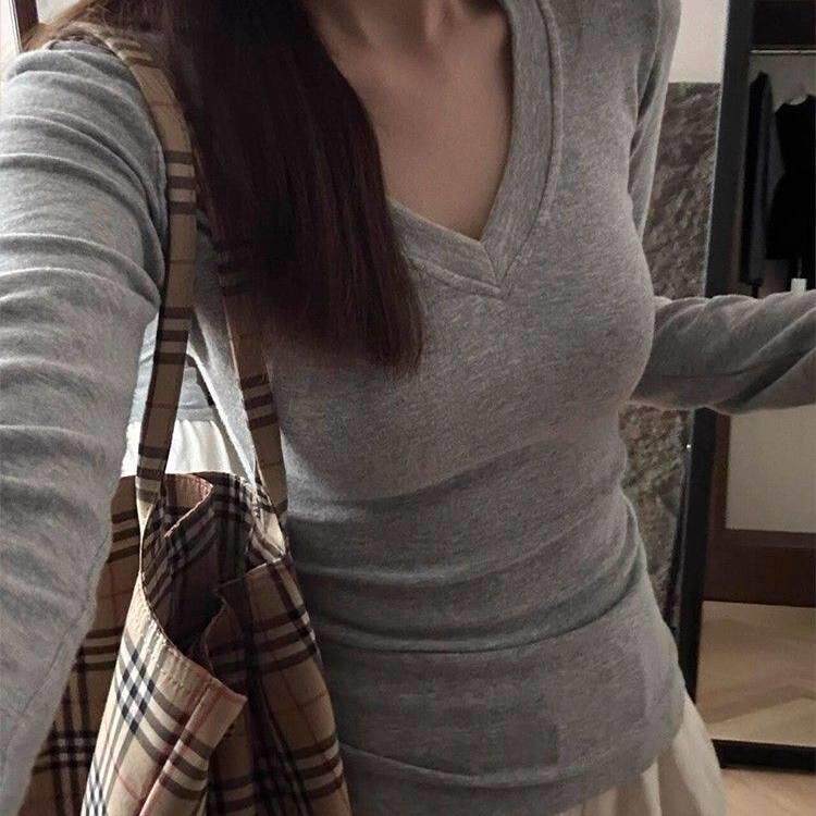 新品莫代尔弹力螺纹长袖T恤女春秋正肩V领修身显瘦纯色百搭打底衫