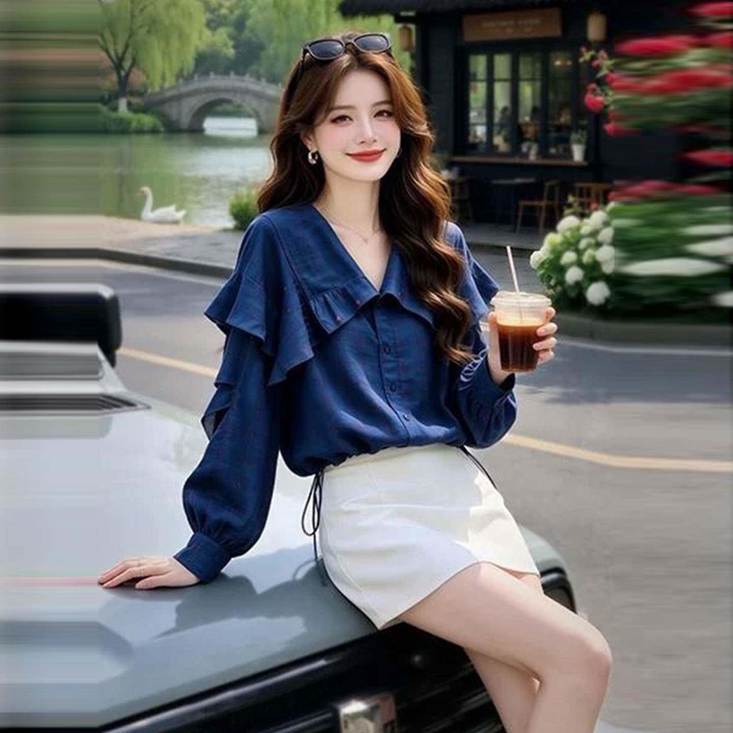 新品时尚设计感荷叶边长袖衬衫女2026秋季新款洋气显瘦泡泡袖小衫