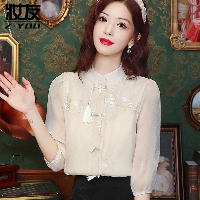 新品新中式国风雪纺衬衫女装轻奢高级感小衫2026新款超火女士衬衣