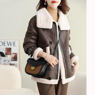 极速麂皮绒皮毛一体外套女款小个子2024冬季羊羔毛短款加厚机车服