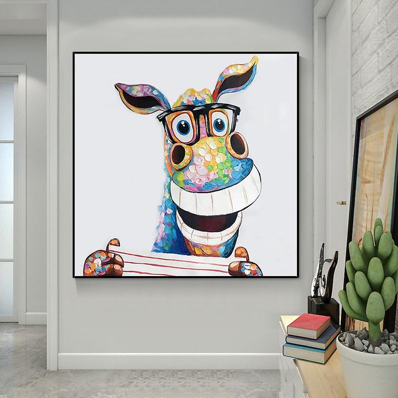 极速手绘油画动物河马儿童房挂画卧室书房壁画客厅装饰画玄关走廊图片