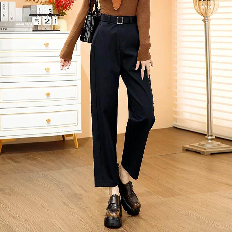 新品藏青色九分直筒裤女秋季2025新款高腰显瘦哈伦裤宽松通勤西装