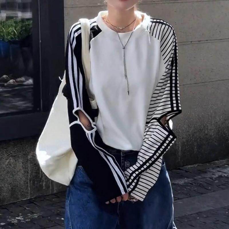 新品大码假两件条纹拼接镂空长袖t恤女秋季显瘦宽松设计感小众上