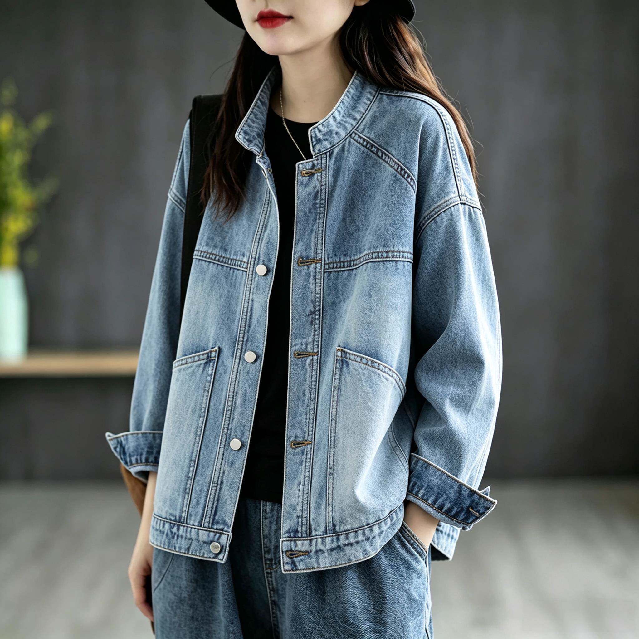 新品洋气时髦立领牛仔外套女设计感复古春秋大码宽松显瘦长袖开衫