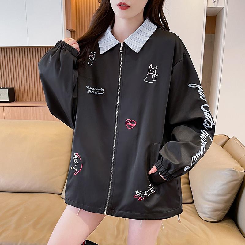 新品甜美刺绣翻领外套少女2025秋季新款初高中学生拼色宽松工装夹