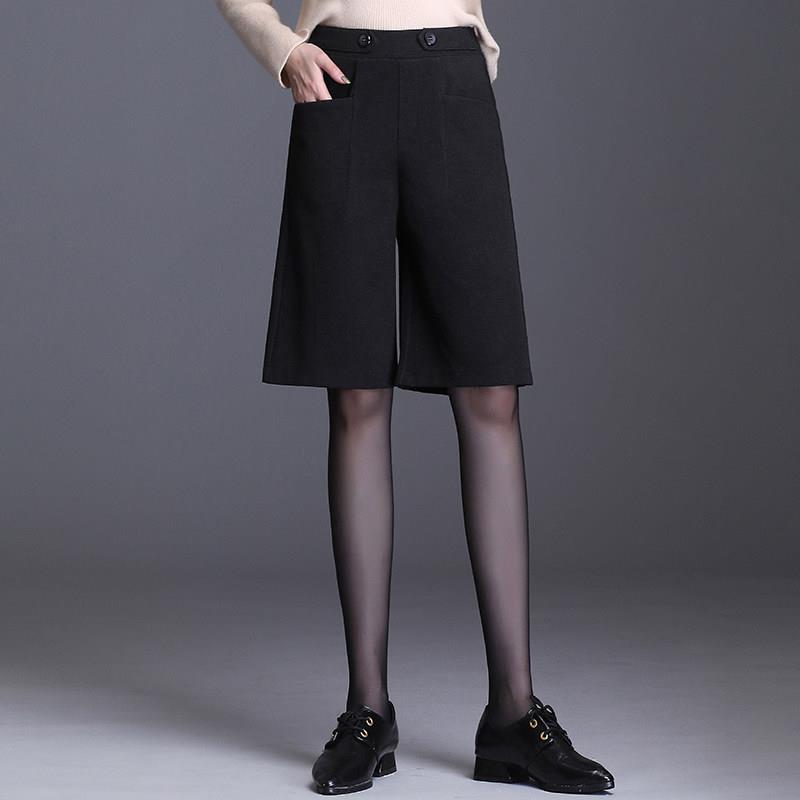 新品毛呢五分裤女春秋季高腰外穿大码胖mm200斤新款宽松加厚阔腿