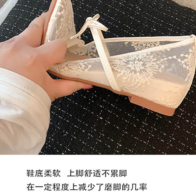 新品镂空单鞋女夏季法式白色内增高玛丽珍鞋蕾丝渔网纱面透气平底