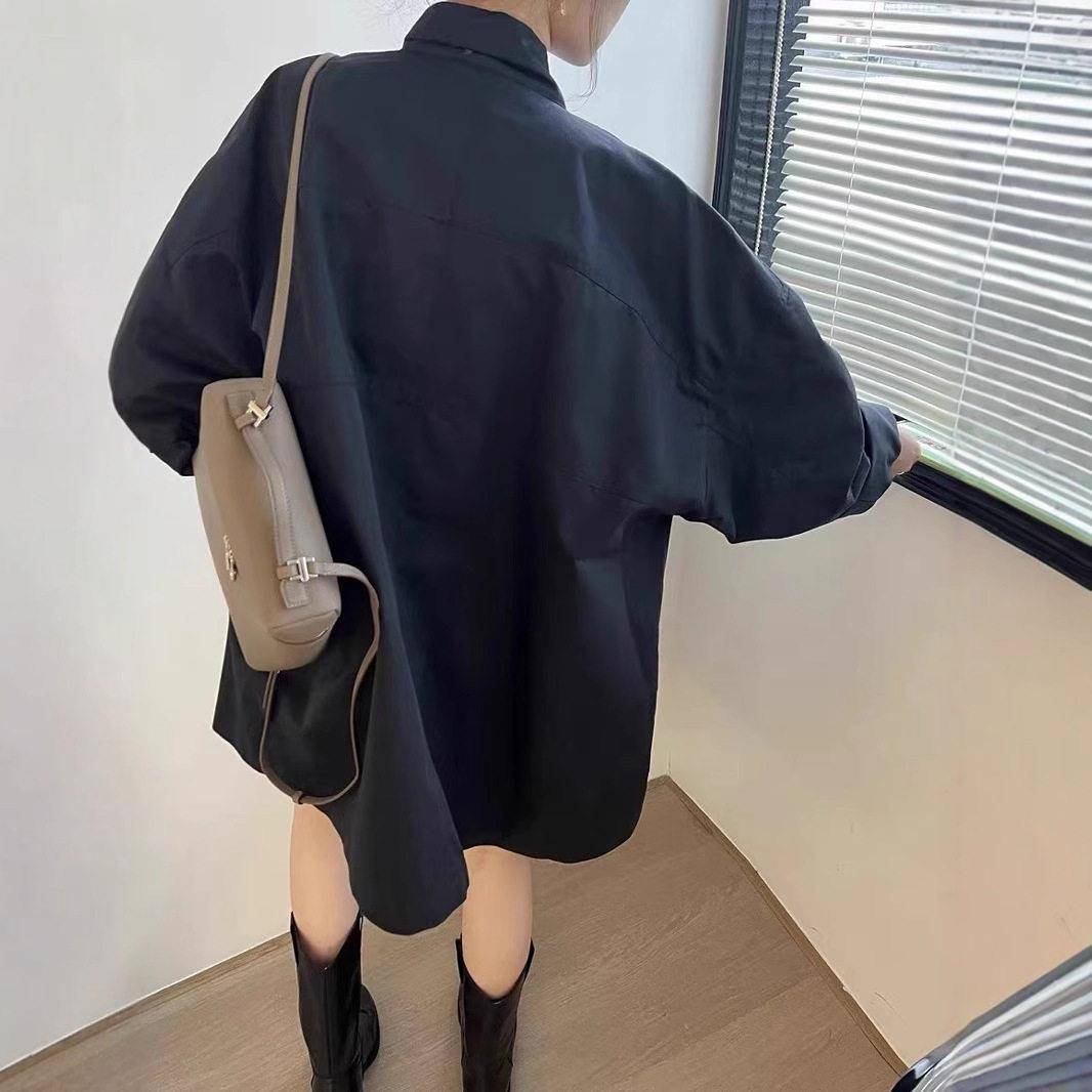 新品韩系春装韩国chic薄款慵懒风立领宽松休闲长袖中长款风衣外套