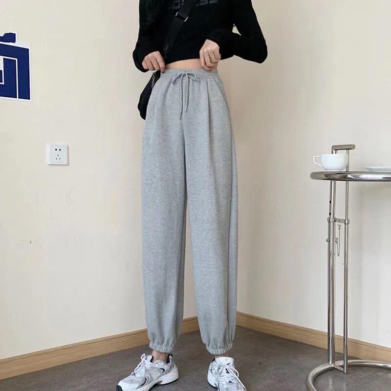 新品春秋新款束脚裤女高腰直筒灰色运动裤韩版宽松休闲学生九分裤