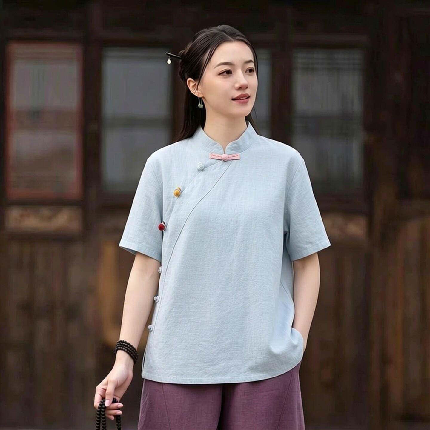 新品国风斜襟盘扣茶服开衫上衣女装棉麻短袖休闲宽松唐装衬衫禅意