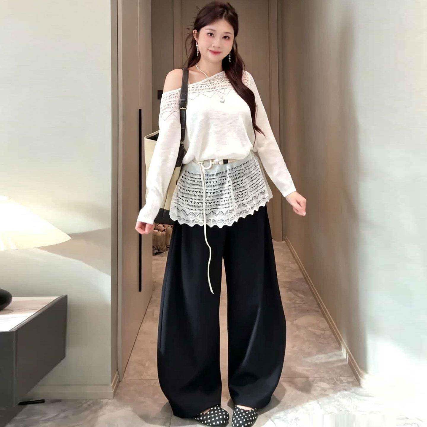 新品大码甜美少女风镂空钩花露肩针织衫女秋季胖mm设计感系带叠穿