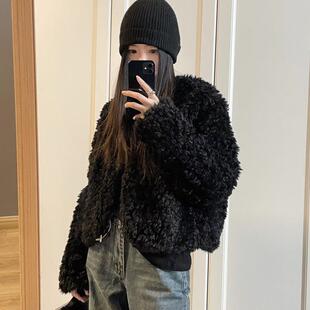 新品羊羔毛外套女秋冬2025新款黑色高级感软糯加厚毛绒短款上衣