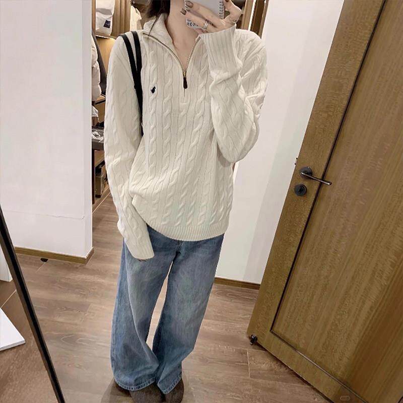 新品白色半拉链中长款针织衫绞花纹毛衣慵懒高级感秋冬女2026新款