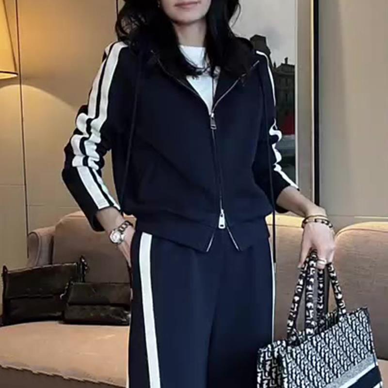 极速秋季新款大码女装休闲运动条纹两件套装胖妹妹显瘦外套+阔腿