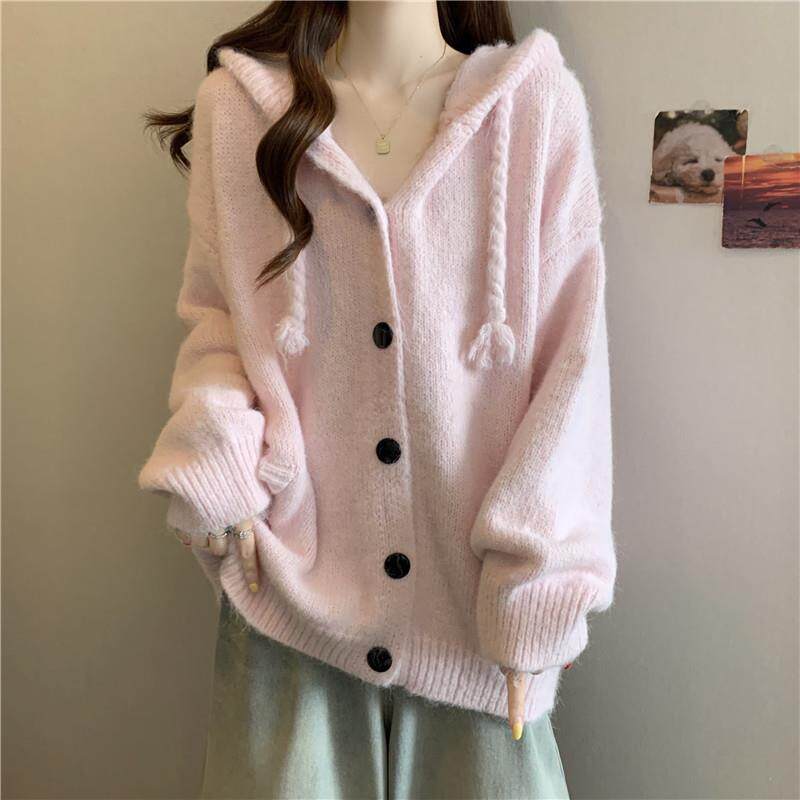 新品粉色抽绳连帽针织开衫毛衣外套女春秋2025大码胖mm宽松慵懒风