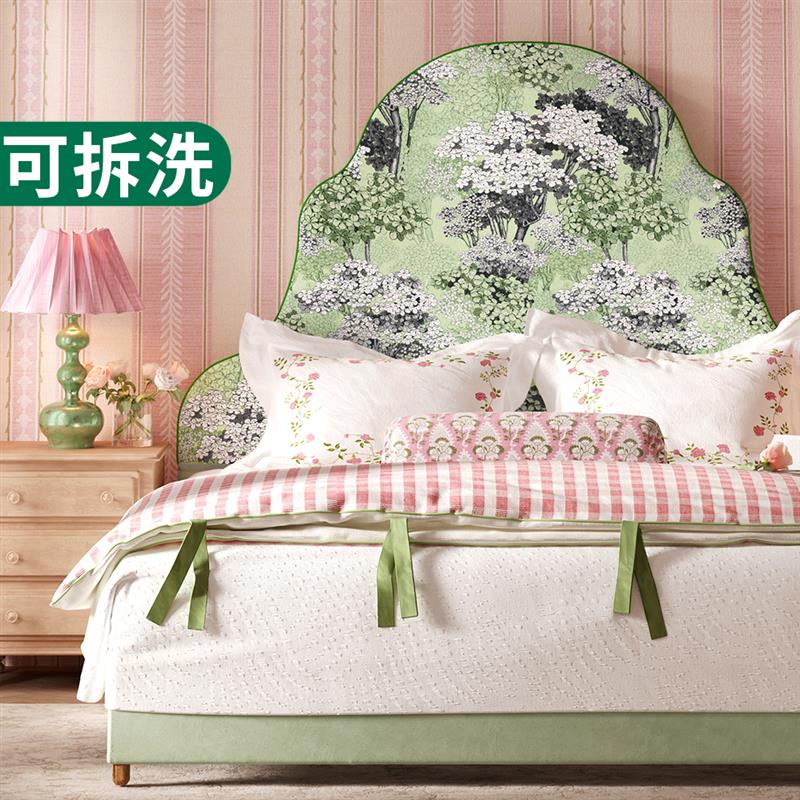 小清新现代简约法式布艺床实木榉木铺板w高靠背直板双人床可拆洗