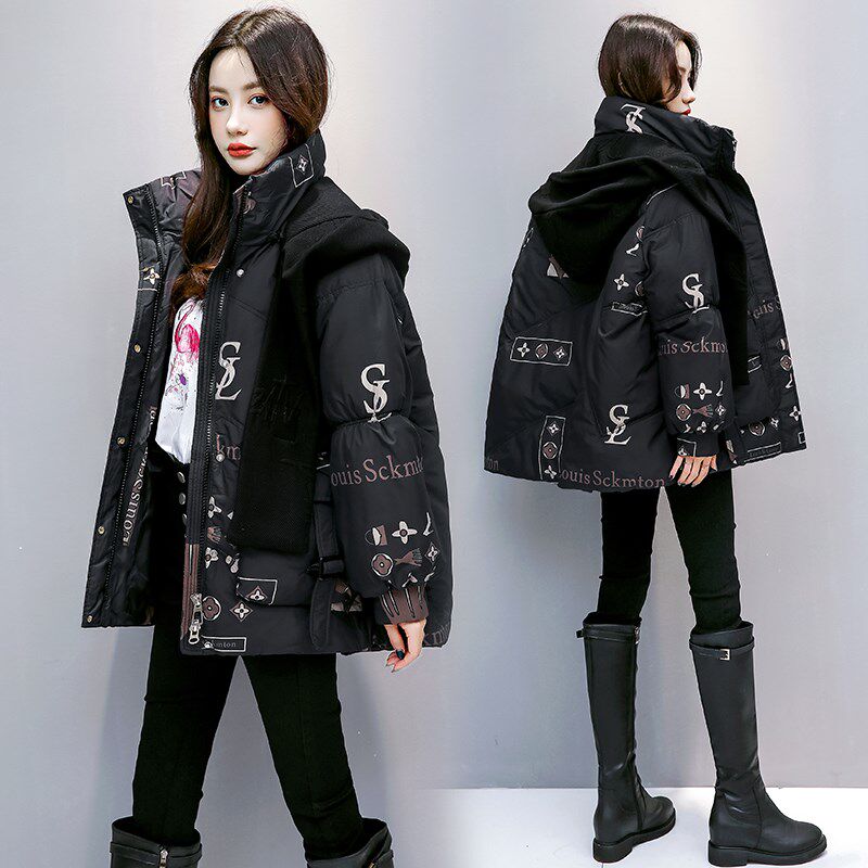 亮面免洗羽绒棉服女2024冬季新款气质时尚印花R加厚连帽短款棉袄