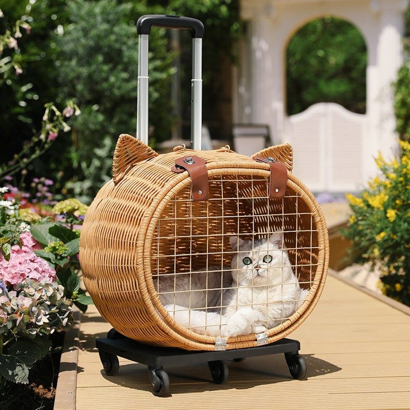 猫包拉杆箱大空间l外出猫咪小推车藤编透气猫咪背包安全溜猫箱