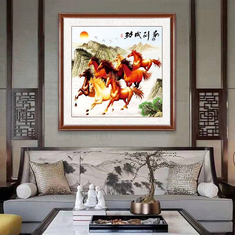 八骏图装饰画中式客厅办公室挂画玄关画走廊墙画马U到成功字画国