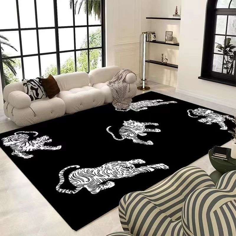 法式中古客厅地毯沙发茶几毯轻奢黑色老虎家用卧室床边地垫免打理