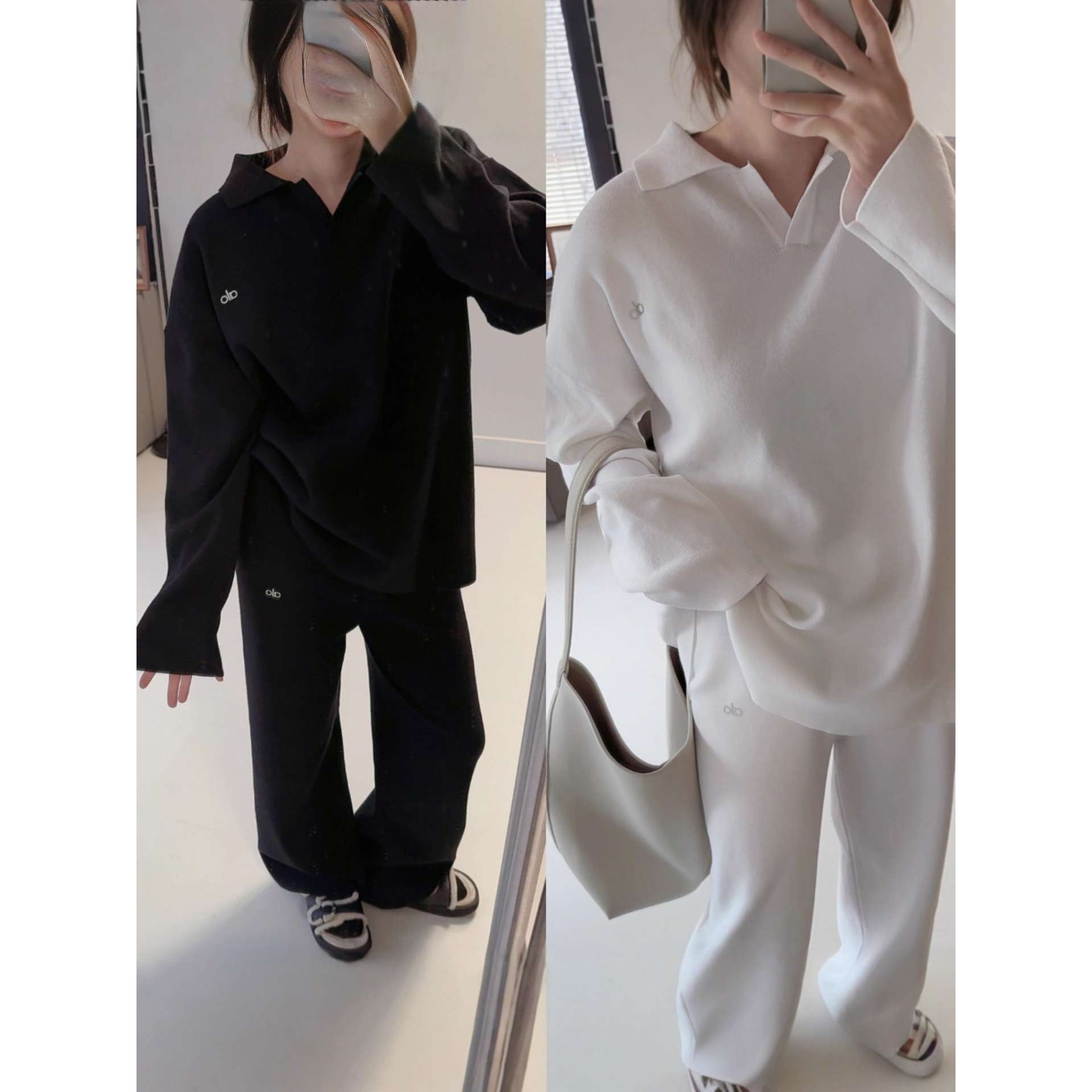 Alo Yoga欧美慵懒秋冬针织毛衣polo领套头阔腿裤瑜伽健身运动套装