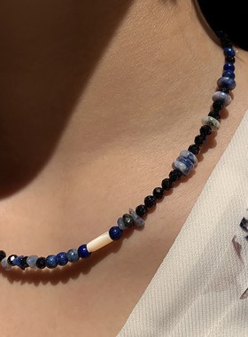 青金石天然彩色串珠项链女轻奢小众独特设计复古蓝色水晶锁骨颈链