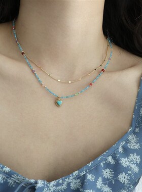 因缺斯汀【蓝色爱心】显白绿松石串珠项链复古锁骨链女小众百搭
