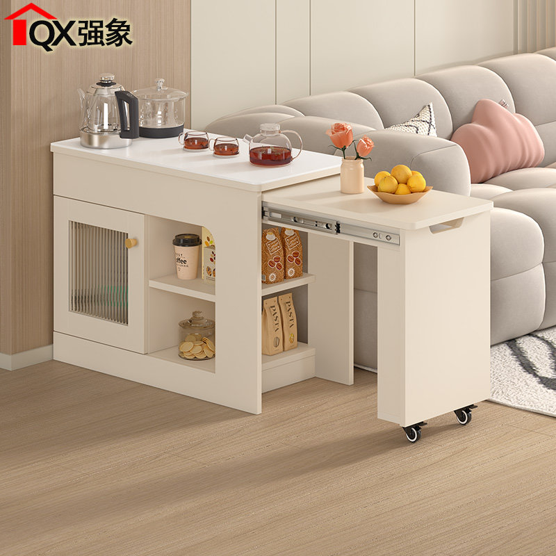 奶油风岩板茶桌带轮可伸缩矮柜泡茶桌沙发边柜侧边柜小茶台J45