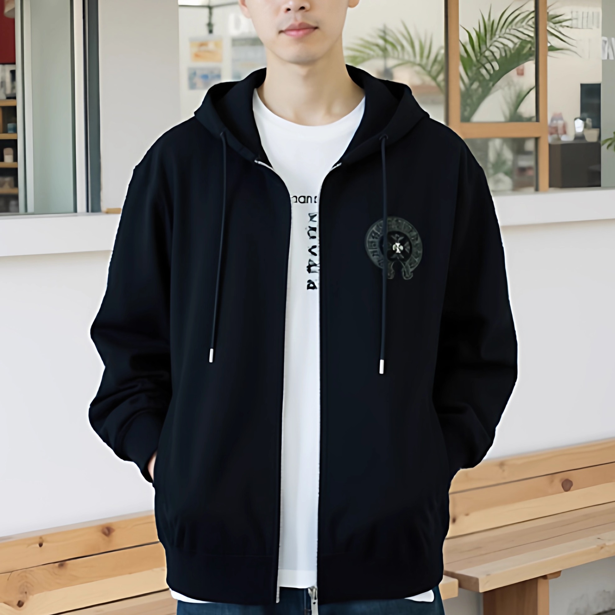 梵文刺绣纯棉连帽拉链卫衣