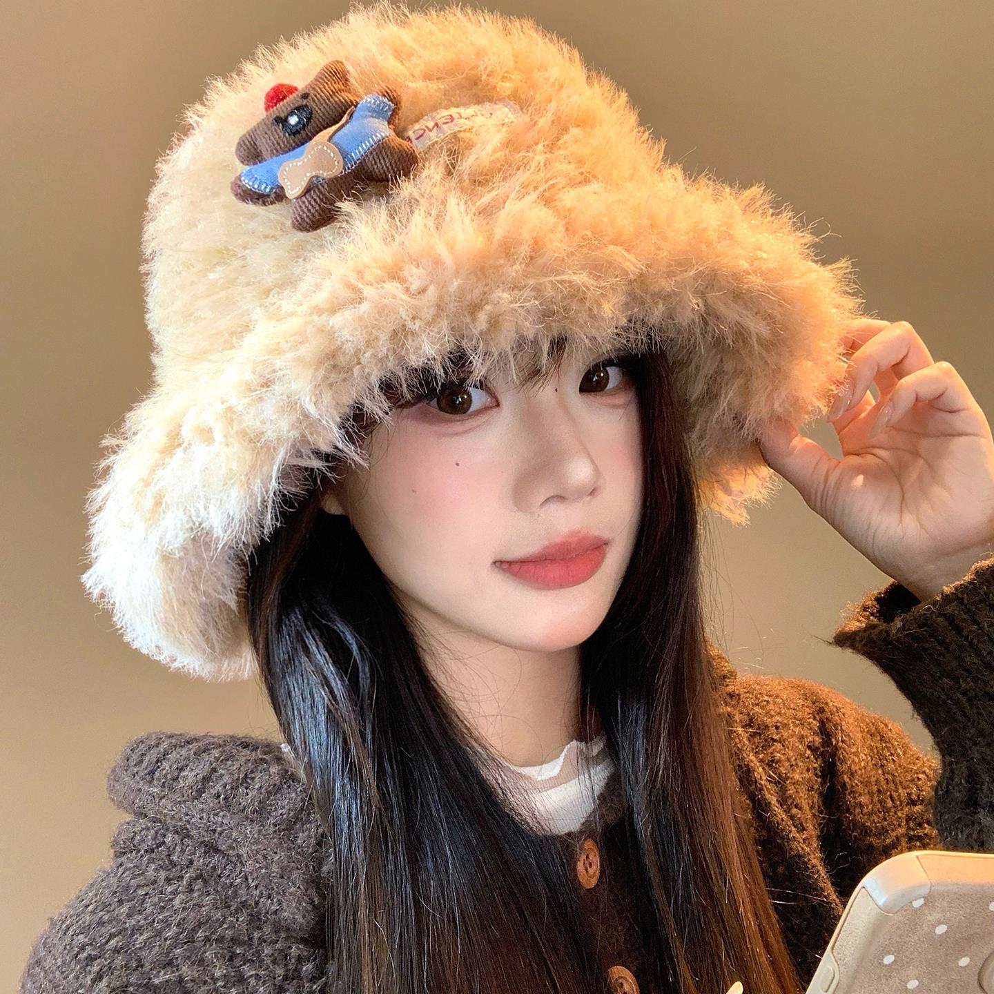 可爱小熊玩偶毛绒渔夫帽