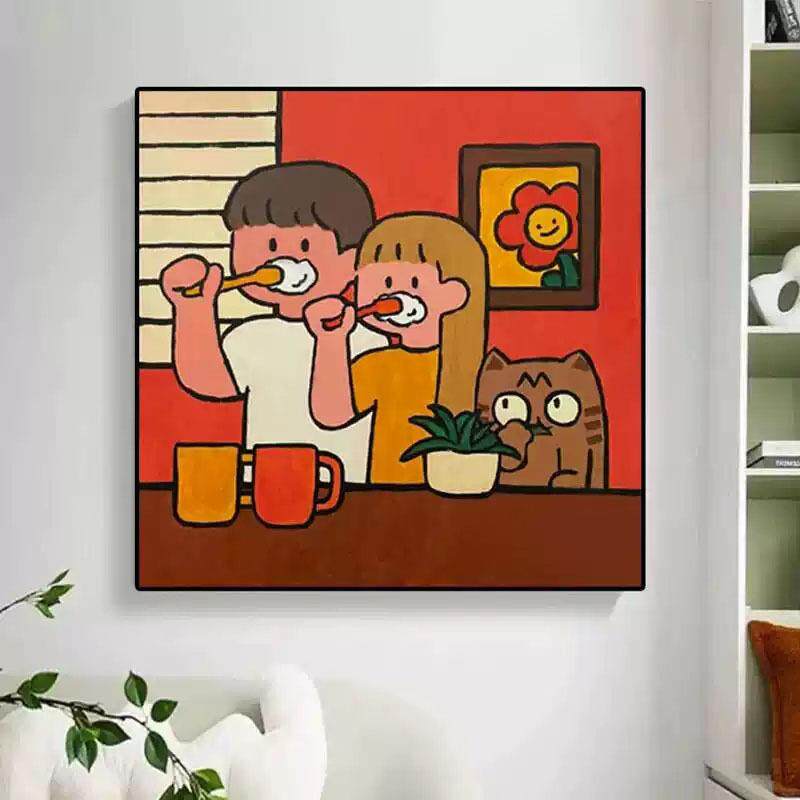 《一起刷牙》可爱情侣家居刷牙同居现代装饰画卧室书房挂画