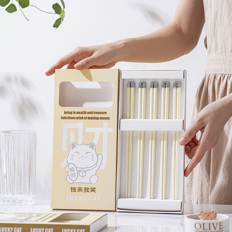 银铜头招财猫可爱高颜值白色陶瓷筷子家用套装高档防滑防霉耐高温