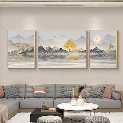 旭日东升流厅水山水客气挂画大三联画S23719三现代轻奢沙画发背景