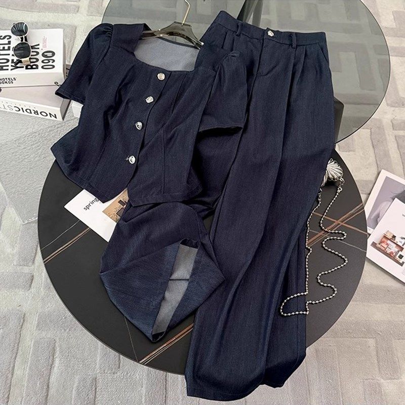 高级感时尚韩版套装女2025年夏季D新款洋气方领小衫阔腿裤两件套