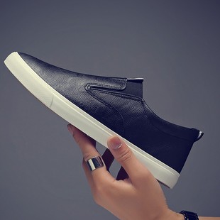 白色男鞋一脚蹬皮面男o鞋无鞋带防水板鞋休闲鞋英伦皮鞋懒汉鞋黑