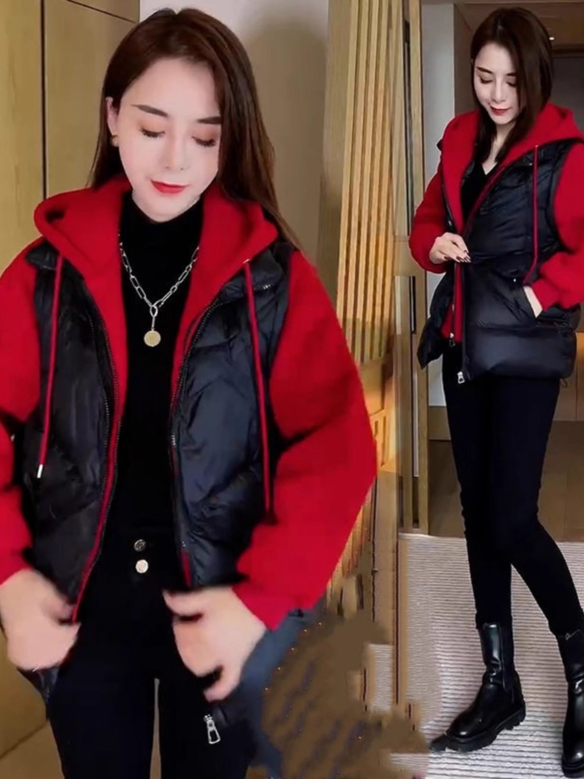 网红爆款时尚假两件羽绒棉服女w2024冬季新款撞色洋气拼接连帽棉