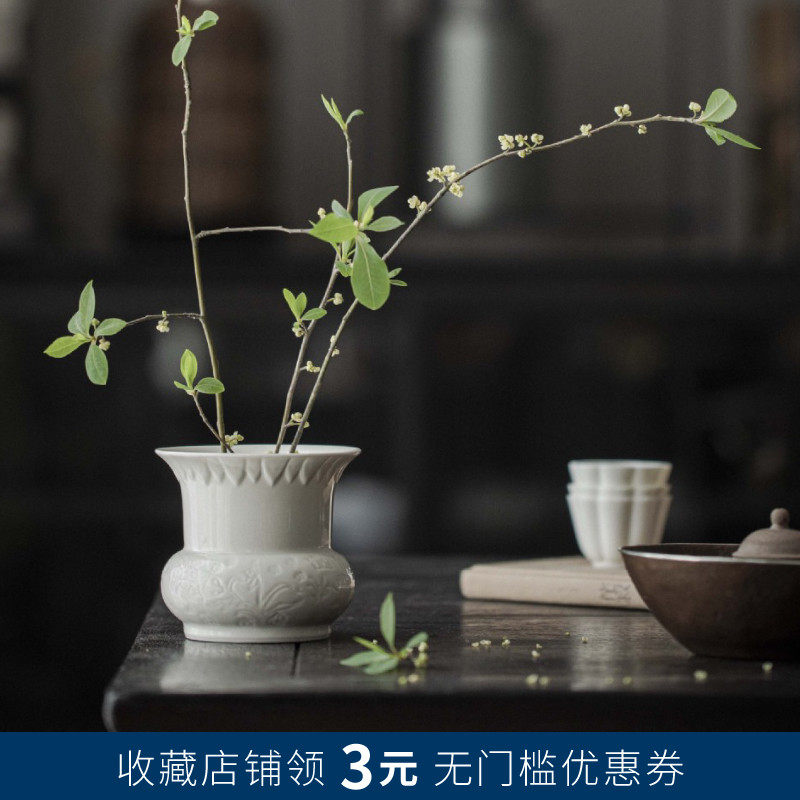 中式浮雕陶d瓷花瓶羊脂玉白花器建水家用祥鹿茶洗茶缸水盂茶道配