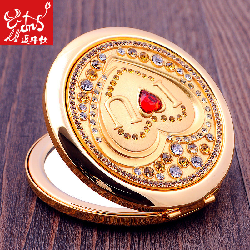 圆形翻盖c双面随身化妆镜便携式折叠小镜子精品随身镜金属公主镜