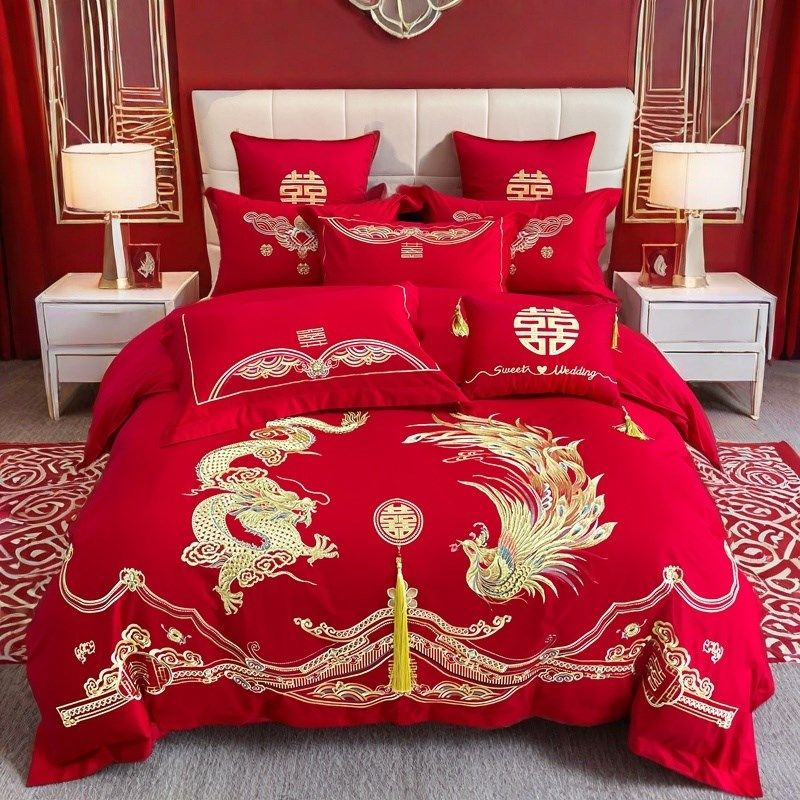 大红色结婚四件套全棉刺绣婚庆床上用M品床单被套龙凤呈祥,床上用品,婚庆床品套件,淘宝优惠券,粉丝福利购,淘宝优惠卷