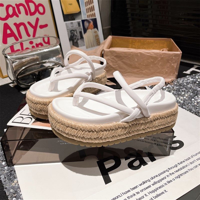 2025新款草编亚麻夹趾人字凉鞋托外穿沙滩度假海边厚底.松糕拖鞋,女鞋,罗马凉鞋,淘宝优惠券,粉丝福利购,淘宝优惠卷