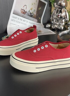 薄款帆布鞋女红色2l025夏季一脚蹬圆头套脚厚底防滑休闲帆布板鞋