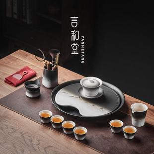 家用客厅陶瓷盖碗茶杯茶盘轻奢泡茶小型简约办公会客 功夫茶具套装