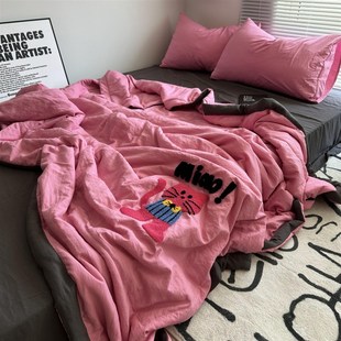 ins春夏空调被毛巾绣水洗棉四件套多巴胺绿色双人夏被宿舍单人夏4