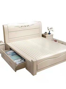 实木中式床1f.5m白色现代简约双人主卧1.8米2米大床经济型储物婚