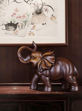 大象摆件实木招财镇宅一对客z厅入户玄关吸水象装饰品乔迁礼物