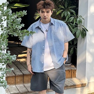 蓝色基础格子衬衫短袖男生2025新款夏季百搭宽松休闲衬衣上衣外套
